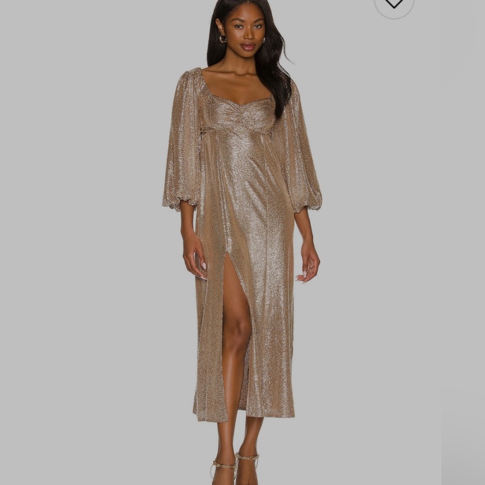 Show Me Your Mumu Puff Sleeve Sparkle Midi NYE Holiday Silver Confetti